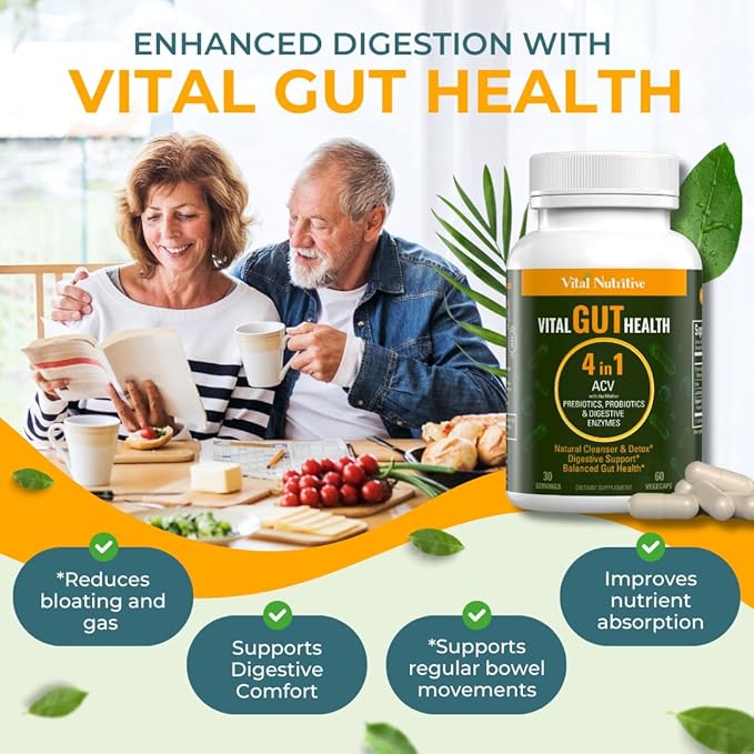 Vital Gut Health 4in1 Formula with Apple Cider Vinegar, Prebiotics & Probiotics, Digestive Enzymes for Strong Immunity Support and Complete Gut and Digestion Support