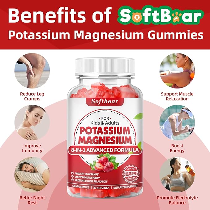 softbear Potassium Gummies for Adults, High Absorption Magnesium Potassium Supplement with Vitamin B6 for Leg Cramps & Muscle Health Sugar-Free Vegan Strawberry 60 Gummies
