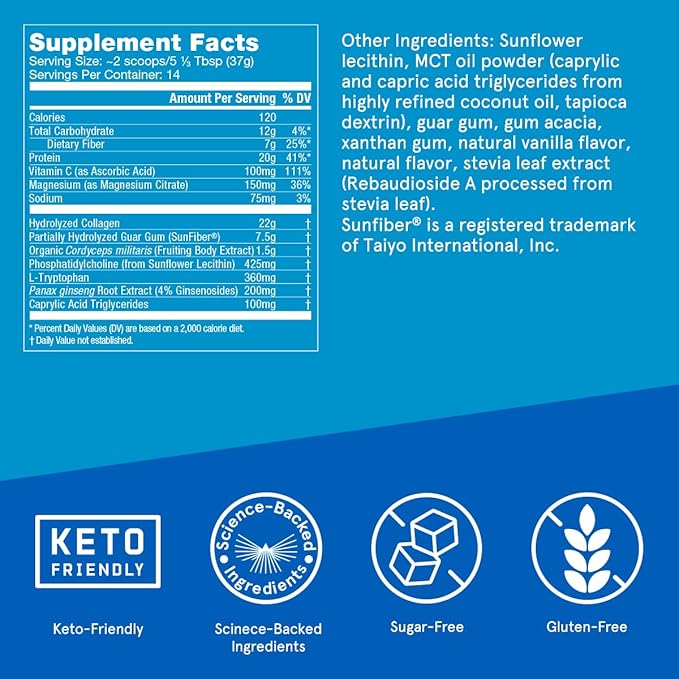 Bulletproof Vanilla Bean Energy Collagen Protein Powder, 18.3 Ounces, Caffeine-Free Fuel with Vitamins and Antioxidants