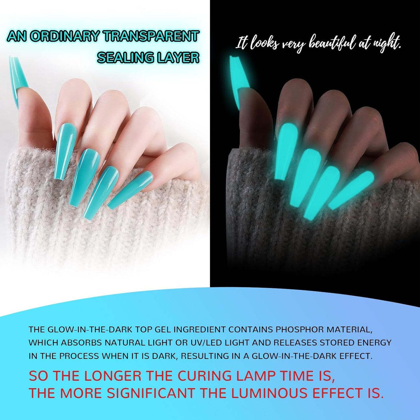 Glow In The Dark Gel Polish - Luminous Blue Nail Gel Top Coat, No Wipe Long-lasting, Transparent Glow, UV LED Needed, Perfect for Any Colors, Halloween