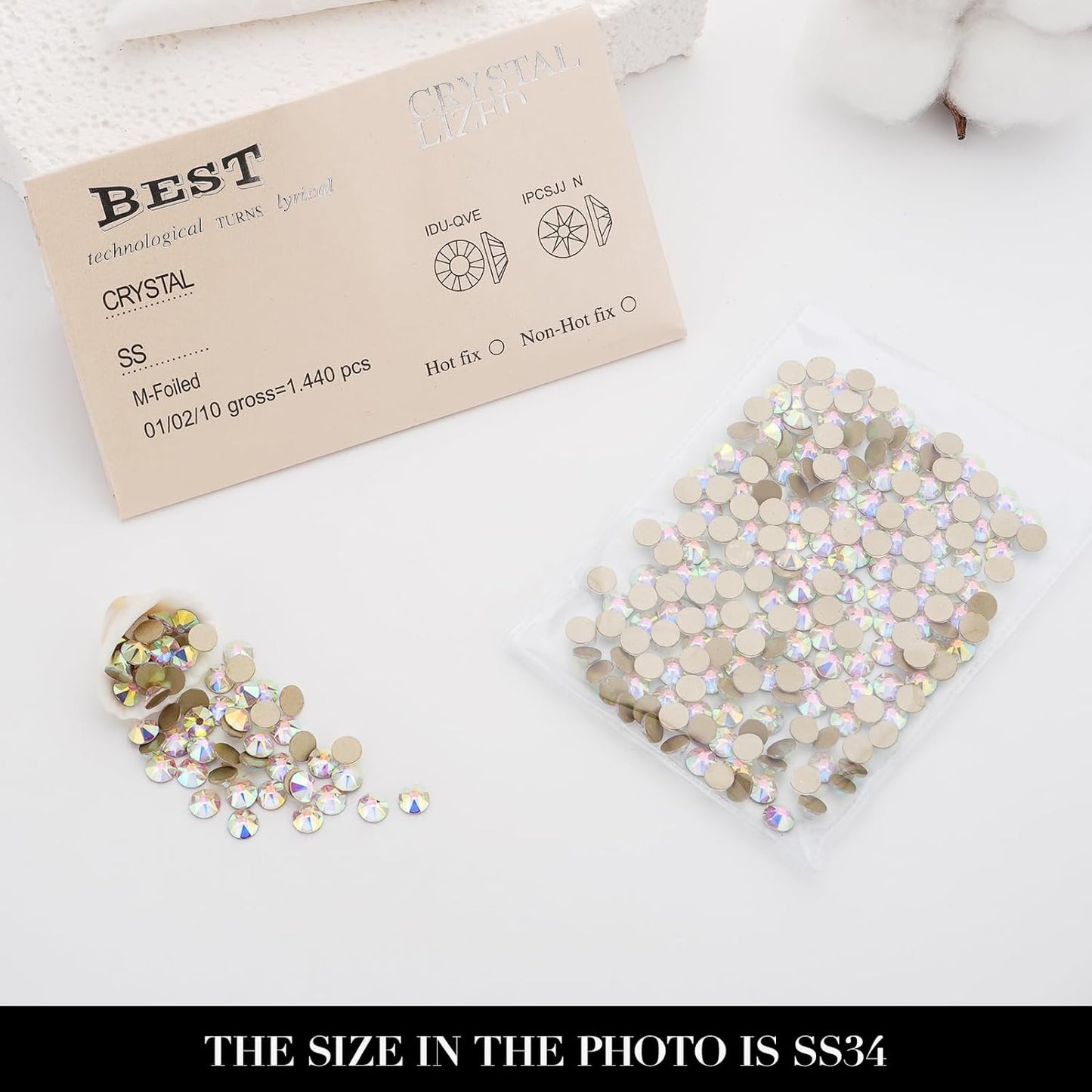 Novani Crystal AB Rhinestones 288pcs Flat Back Round Rhinestone Style 2088 Sparkly Crystal Gemstones for Nail Art and Crafting SS34,7.1-7.3mm