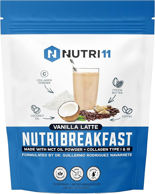 NutriBreakfast by Nutrillermo/Keto Protein Vanilla Latte Collagen Powder with MCT Oil/MCT Oil Powder with Collagen/Keto Collagen Peptides Powder with Grass-Fed Bovine Collagen Type I & III-15 Servings
