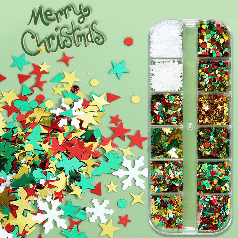 12 Grids Christmas Nail Art Sequins 3D Holographic Laser Snowflake Star Butterfly Winter Holiday Nail Glitters Red Green White Gold Nail Sparkly Flakes Nail Charms for DIY Christmas Nail Designs