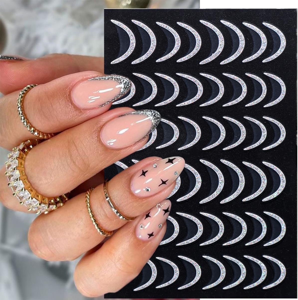 Glitter French Tip Nail Stickers for Nail Art 10Pcs Gold Sliver Lines Nail Art Stickers Shiny V Shape Nail Tip Design Nail Decals French Wave Lines Stripe Nail Supplies for Women French Manicure Decor