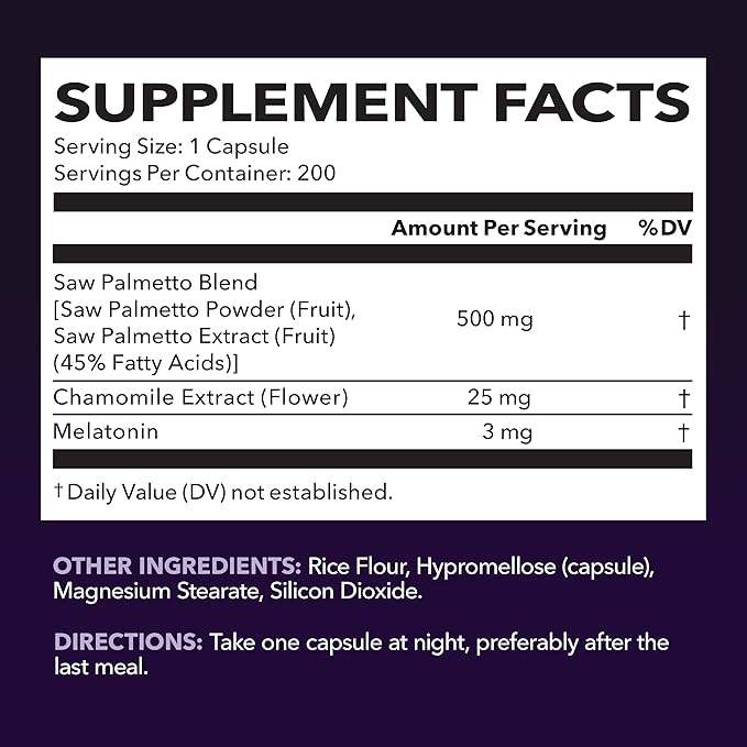 Night Time Saw Palmetto for Men - Saw Palmetto With Melatonin 3 mg and Chamomile Extract - Sleep & Prostate Supplement - Reduce Urinary Frequency for Men & Support Bladder in PM - Over 6 Month Supply
