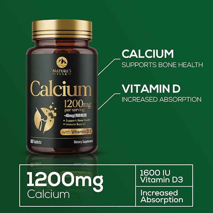 Calcium 1200 mg with Vitamin D3, Calcium Supplement Vitamins, Bone, Teeth & Immune Health Support, Calcium Supplements with D for Women & Men, Nature's Absorbable Calcium Carbonate - 60 Tablets