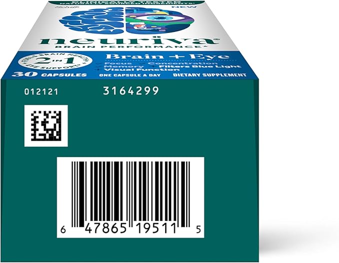NEURIVA Brain + Eye Supplement for Memory, Focus & Concentration with Lutein & Vitamins A C E and Zinc for Eye Health & Zeaxanthin to Filter Blue Light, 30ct Capsules
