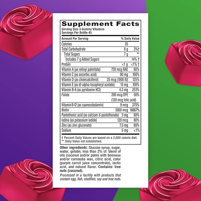 Vitafusion Gorgeous Hair, Skin & Nails Multivitamin plus Biotin and Antioxidant vitamins C&E, Raspberry Flavor, 135ct (45 day supply), from America’s Number One Gummy Vitamin Brand