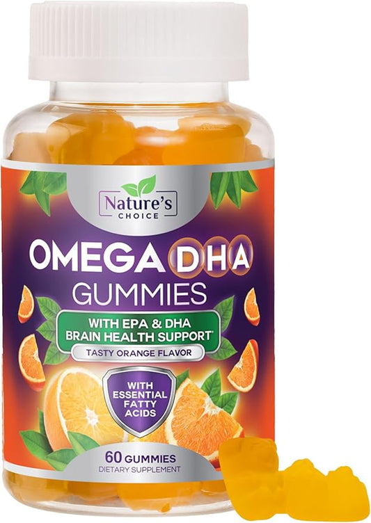 Omega 3 Fish Oil Gummies - Triple Strength Omega 3 Gummy Vitamins, High Absorption EPA & DHA Fatty Acids, for Heart Health & Brain Support, Nature's Fish Oil Supplement, Orange Flavor - 60 Gummies
