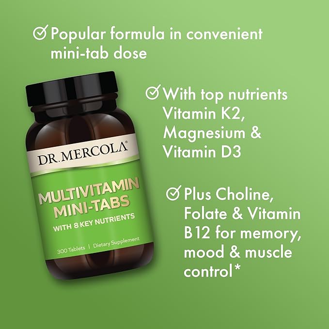 Dr. Mercola Multivitamin Mini-Tabs, 30 Servings (300 Tablets), with 8 Key Nutrients, Dietary Supplements, Supports Immune and Brain Health, Non-GMO