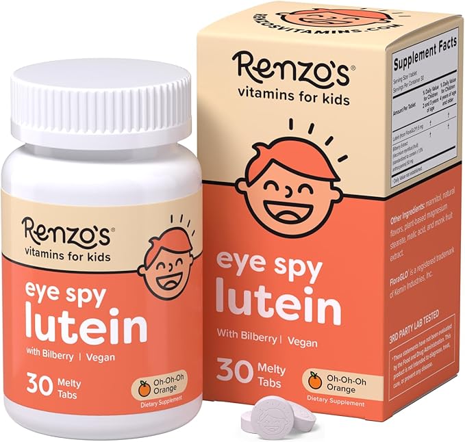 Renzo's Eye Spy Lutein with Bilberry Extract – Dissolvable Kids Vitamins for Eye Health - Sugar-Free Eye Supplements, 30 Orange-Flavored Melty Tabs