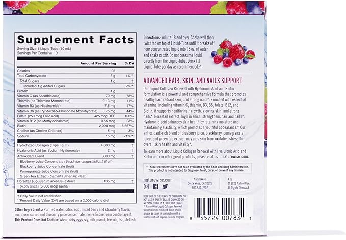 NatureWise Liquid Collagen for Women & Men 4000mg, Type 1 & 3 Peptides with Biotin for Hair, Skin and Nails + Vitamin C + Vitamin B Complex - Low Sugar - Mixed Berry - 10 Tubes