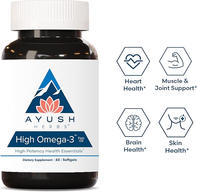 Ayush Herbs High Omega 3 - Omega 3 Fish Oil, 1000mg Per Capsule, EPA & DHA Fish Oil Supplement for Women & Men, Natural Lemon Flavor - 60 Softgel Capsules (1 Count)