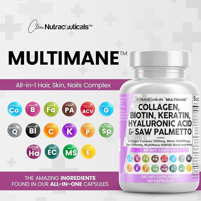 Clean Nutraceuticals Collagen Pills 1000mg Biotin 10000mcg Keratin Saw Palmetto Hyaluronic Acid - Hair Skin & Nails Vitamins & DHT Blocker with Vitamin E Folic Acid Pumpkin Seed MSM - 90 Count