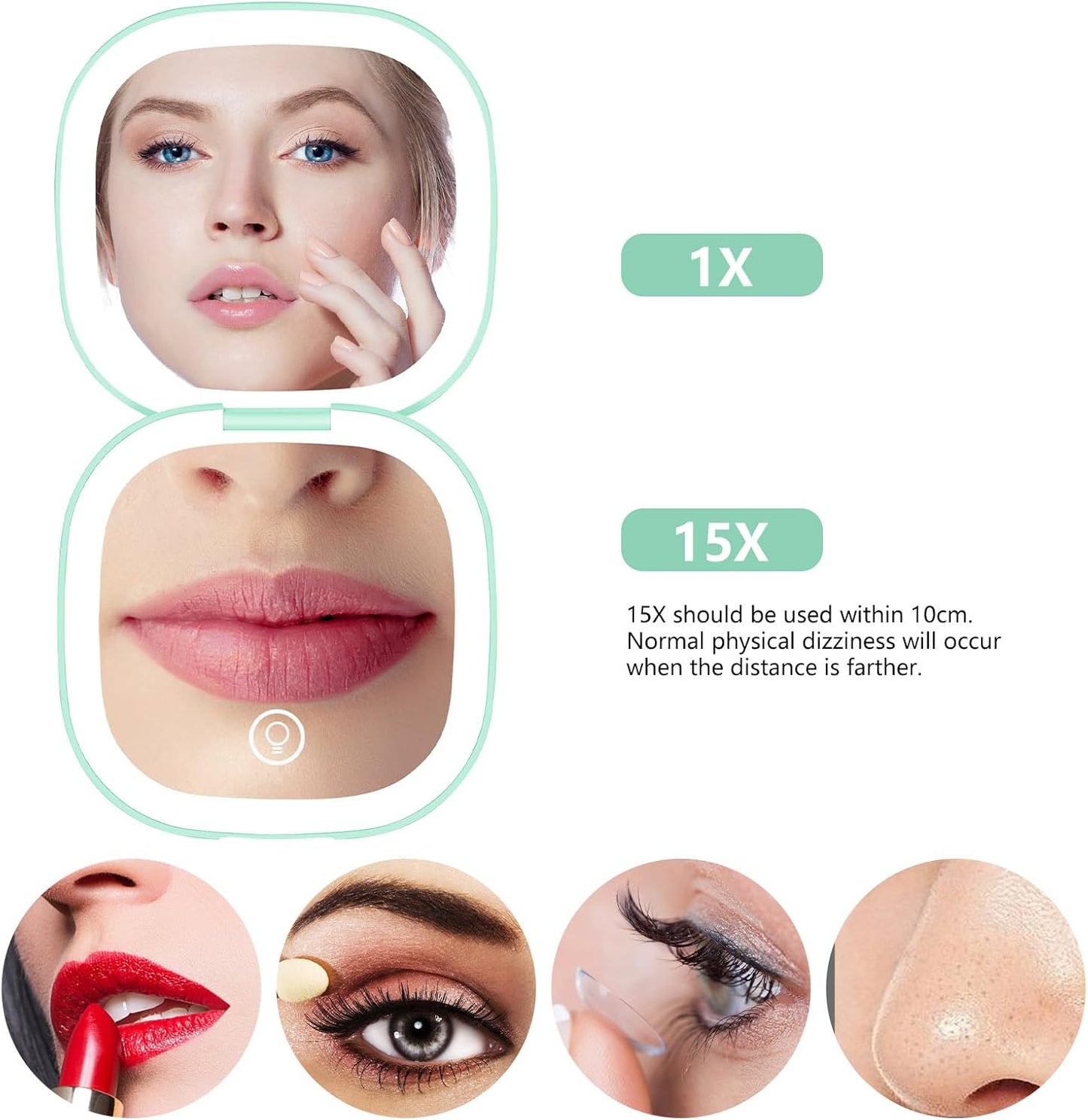 Portable Compact Mirror with Lights,15X Magnifying Pocket Mirror for Purse, Dual LED Travel Mirror with 3 Color Modes, Auto Shut-Off, Small Mirror Compact, Perfect Makeup Travel Essential