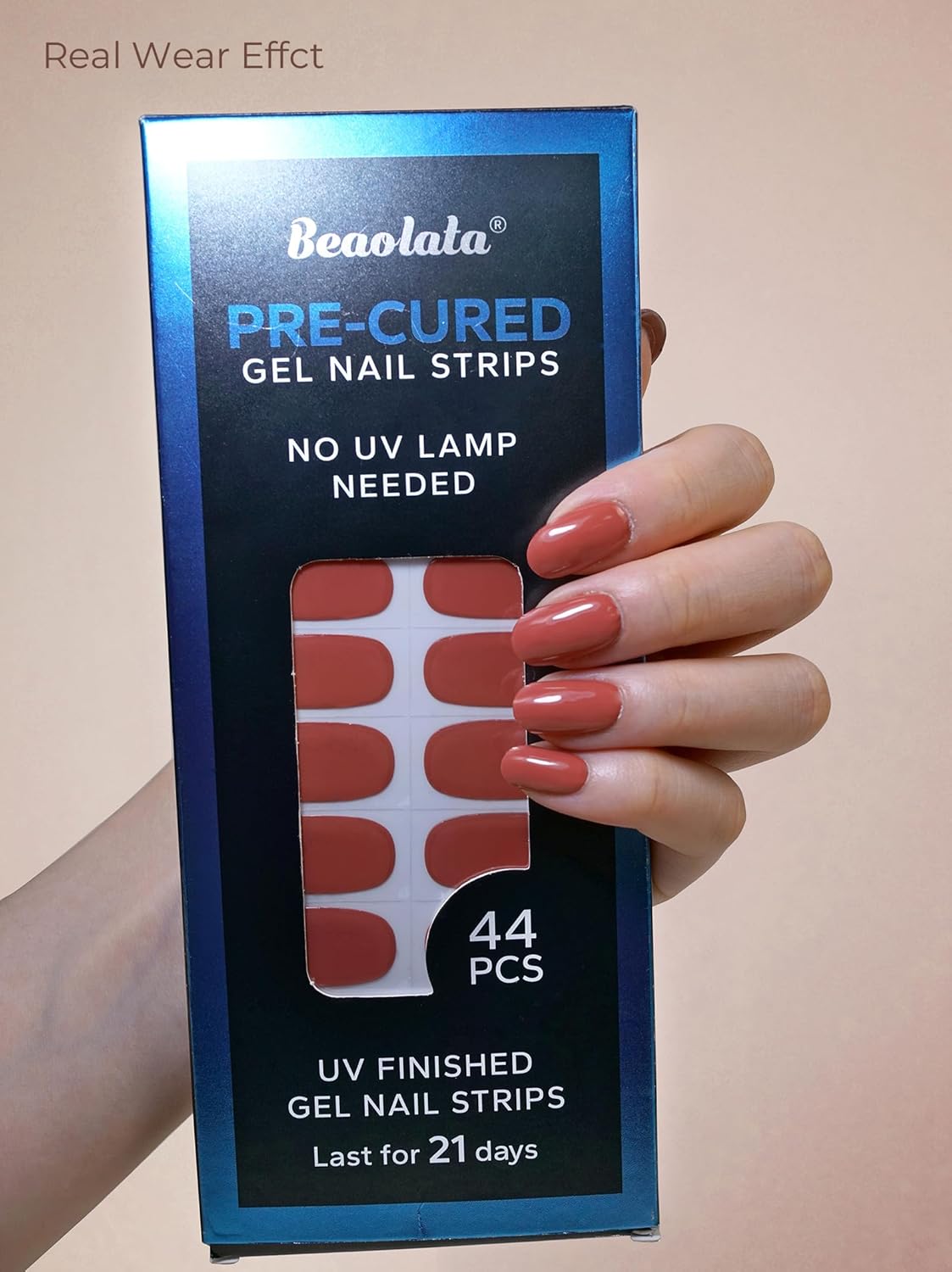 Pre Cured Gel Nail Strips - 44PCS Salon Quality Gel Nail Stickers - Long Lasting Polish Wraps for Women no UV Light Needed Easy Apply& Remove (Oxblood Brown）