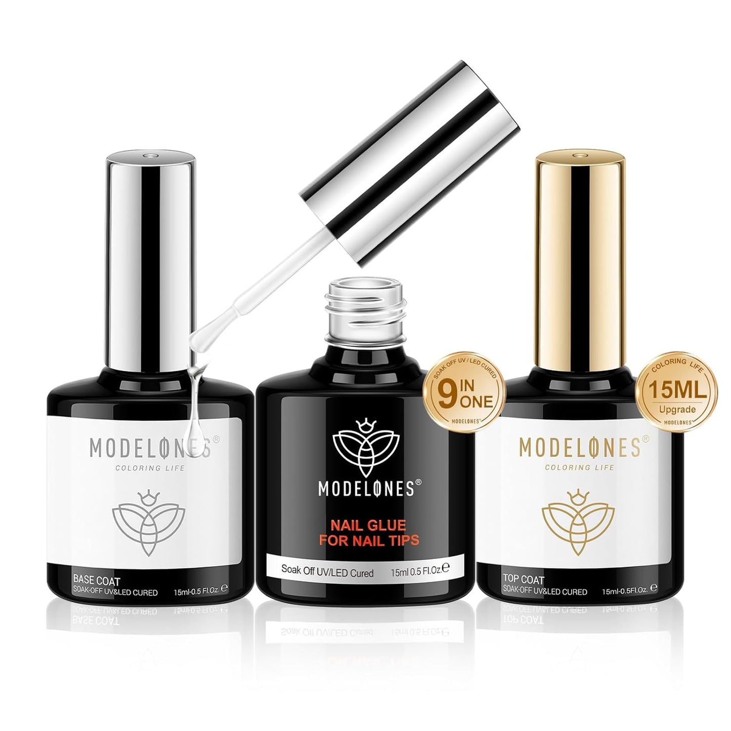 modelones Nail Glue & Top Coat Base Gel Set No Wipe Long Lasting Glossy Gel Top Coat Base Coat 9 in One Nail Glue Gel Nails Kit