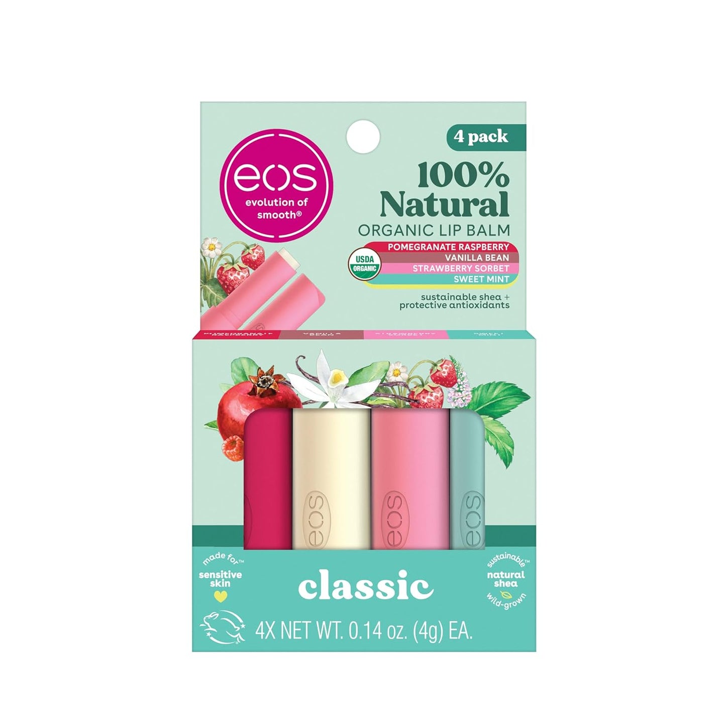 eos 100% Natural & Organic Lip Balm Sticks- Strawberry Sorbet, Vanilla Bean, Sweet Mint & Pomegranate Raspberry, Lip Care Products, 0.14 oz, 4-Pack