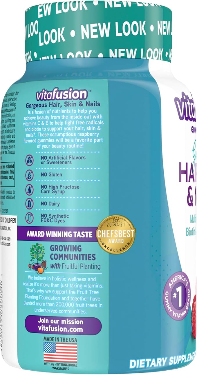 Vitafusion Gorgeous Hair, Skin Nails Multivitamin Gummy Vitamins, plus Biotin and Antioxidant vitamins CE, Raspberry Flavor, 100ct (33 day supply), from America’s Number One Gummy Vitamin Brand