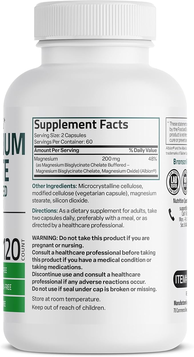 Bronson Magnesium Glycinate 200 MG per Serving Chelated for High Absorption, Gentle On Stomach, Non-GMO, 120 Vegetarian Capsules