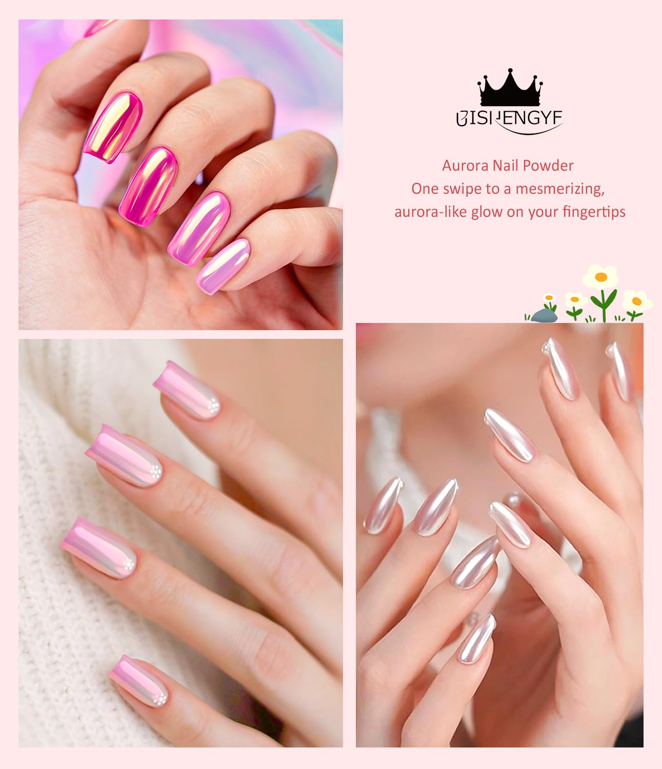 Pearl Chrome Nail Powder BISHENGYF -【Fairy Effect】 Pink Chrome Nail Powder Aurora Mermaid Iridescent White Pearl Clear Nail Chrome Powder, Metallic Mirror Pigment Glitter Dust for Manicure Decoration