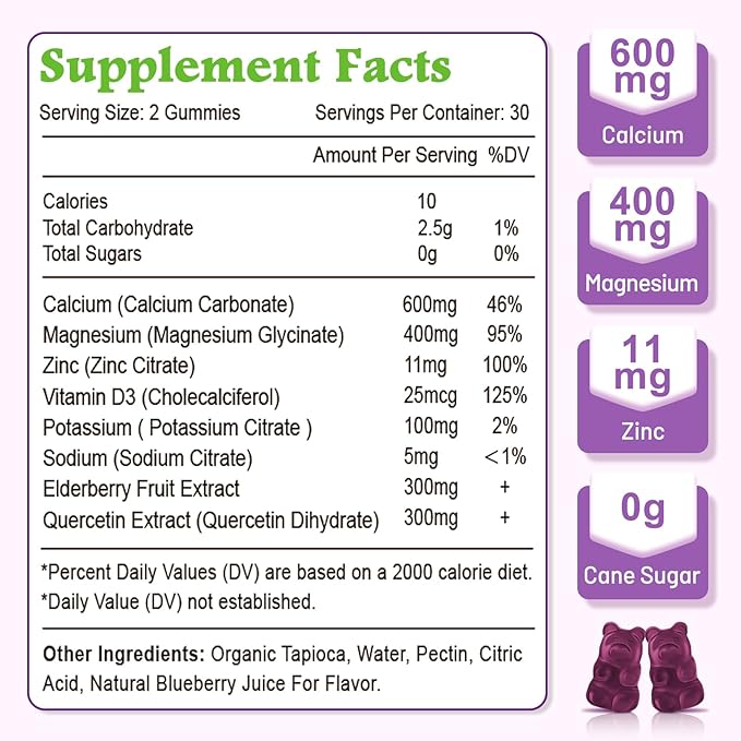 High Absorption Calcium Magnesium Zinc Gummies, Calcium Magnesium Supplement with Potassium Vitamin D3 for Bone & Teeth Strength, Muscle Function - Blueberry Flavor 120 Cts