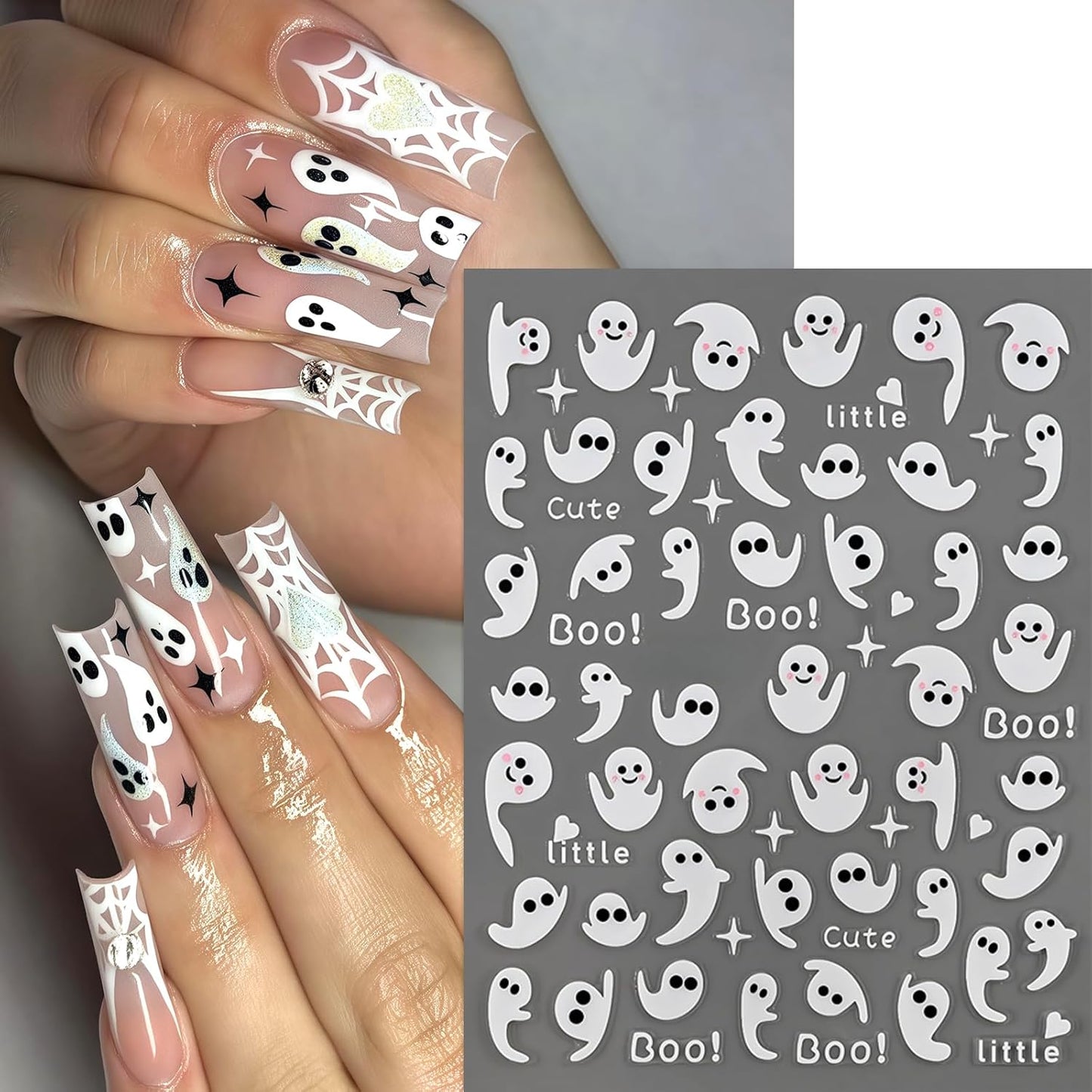 6Sheets Halloween Nail Stickers for Nail Art,3D Self-Adhesive Cute Ghost Spider Web Nail Decals Spooky Nail Art Stickers Heart Bats Spider Nails Design Manicure DIY Cute Holiday Nail Decoration Charms