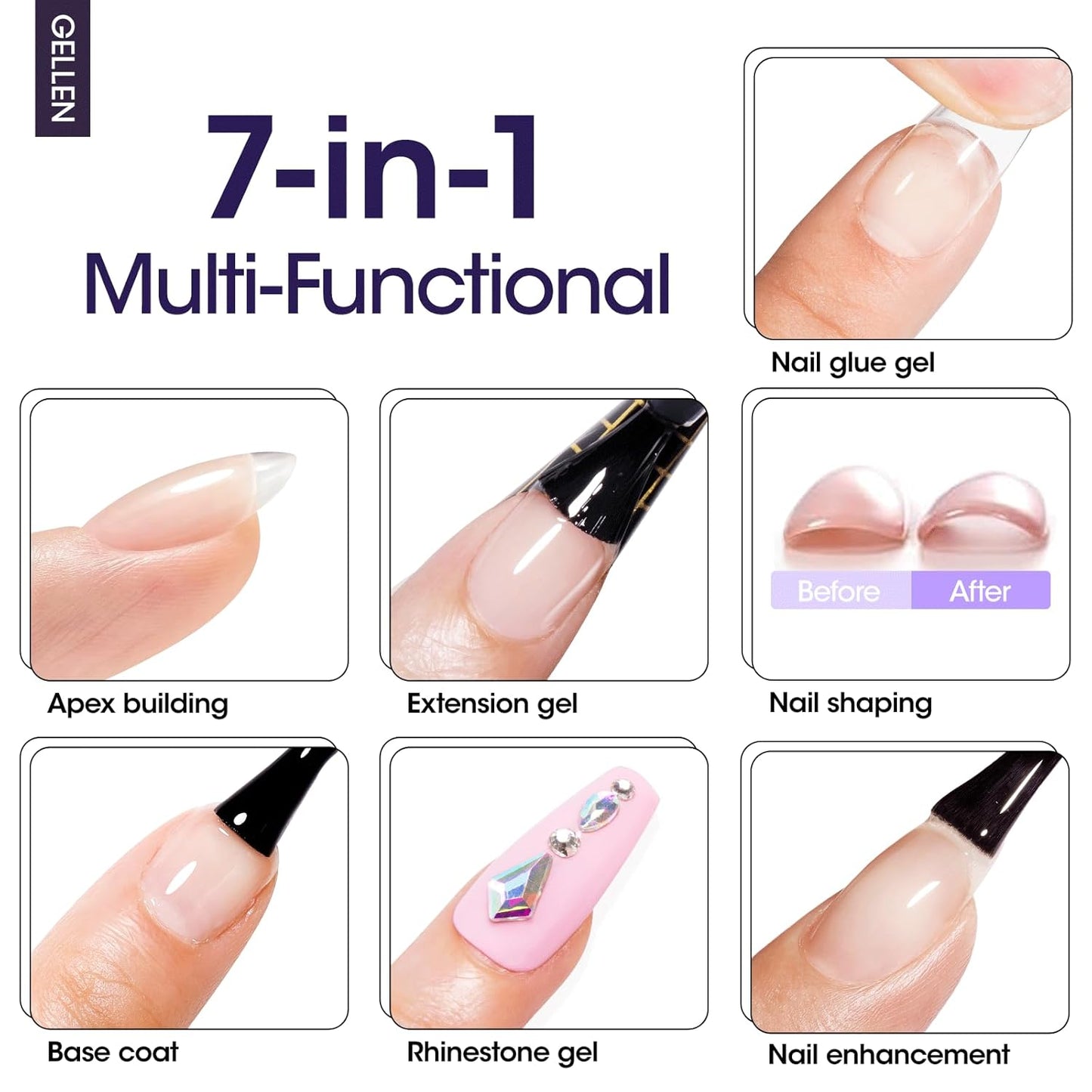 GELLEN 7 in 1 Builder Gel for Nails in a Bottle, 18ml Clear Builder Nail Gel for Nail Extension and Apex Building, UV Light Needed
