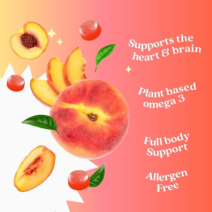 BeLive Organic Omega 3 Gummies - Omega 3 6 9 7 DHA & EPA from Flaxseed Oil & Sea Buckthorn Fruit Oil, Vegan Omega 3 for Kids & Adults, Full Body, Brain & Eye Support, Sugar Free – Peach | 2-Pack