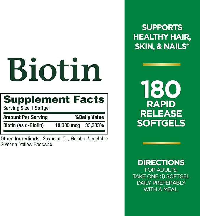 Nature's Bounty Biotin, Supports Healthy Hair, Skin and Nails, 10,000 mcg, Rapid Release Softgels, 180 Ct