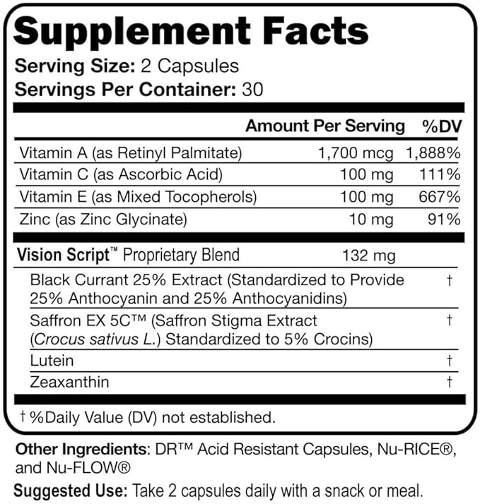 Vision Script with Saffron for Macular, and Retinal Eye Health 60 Servings- Each Capsule Contains Saffron, Black Currant, Lutein, Zeaxanthin, Vitamin C and E, and Zinc Glycinate.