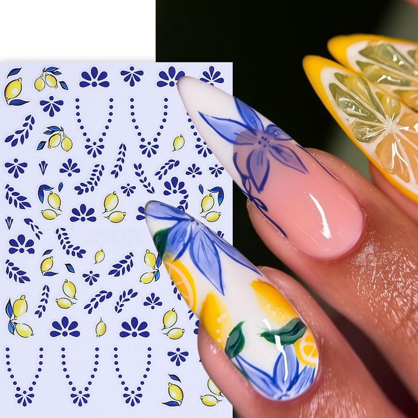 6Pcs Summer Nail Art Stickers 3D Self-Adhesive Orange Lemon Nail Decals Strawberry Blueberry Stickers for Nails Designs Cute Fruit Nail Decor Bohemian French Nail Accessories for DIY Women Manicure