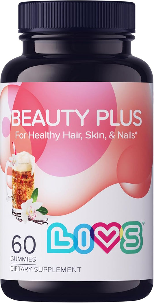 LIVS Beauty Plus Gummy Vitamin - Biotin Gummies, Hair and Nails Gummies, All-Natural, Gluten-Free, Non-GMO, Biotin Hair Gummies - Cream Soda Flavored, 60 Count
