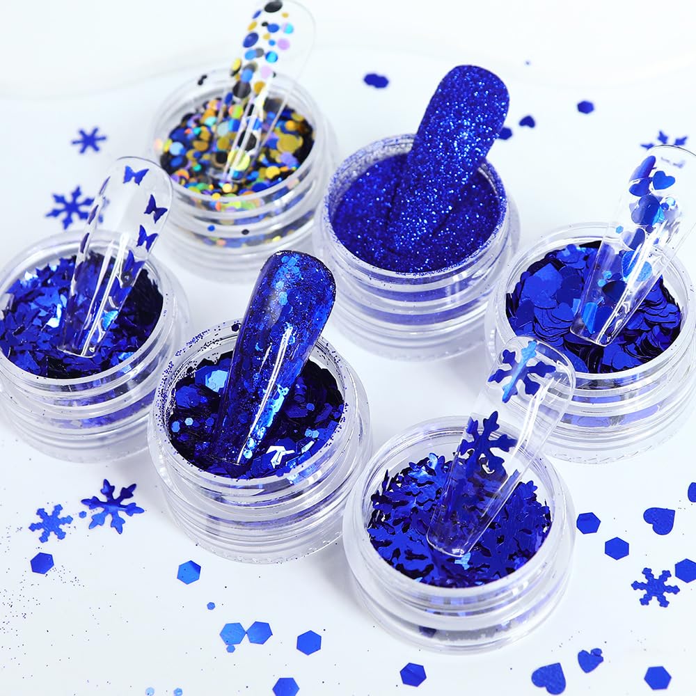 6Grids Christmas Nail Art Glitters Blue Nail Sequin 3D Snowflake Butterfly Heart Powder Nail Glitter Sequins Flakes DIY Winter Xmas Nail Decals for Women Girls Nail Art Decoration Accessories