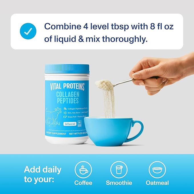 Vital Proteins Grass Fed Collagen Peptides Powder, Supports Hair, Skin, Nails, Bones, and Joints Health, Hydrolyzed Peptides - Zero Sugar, Unflavored, 9.33oz