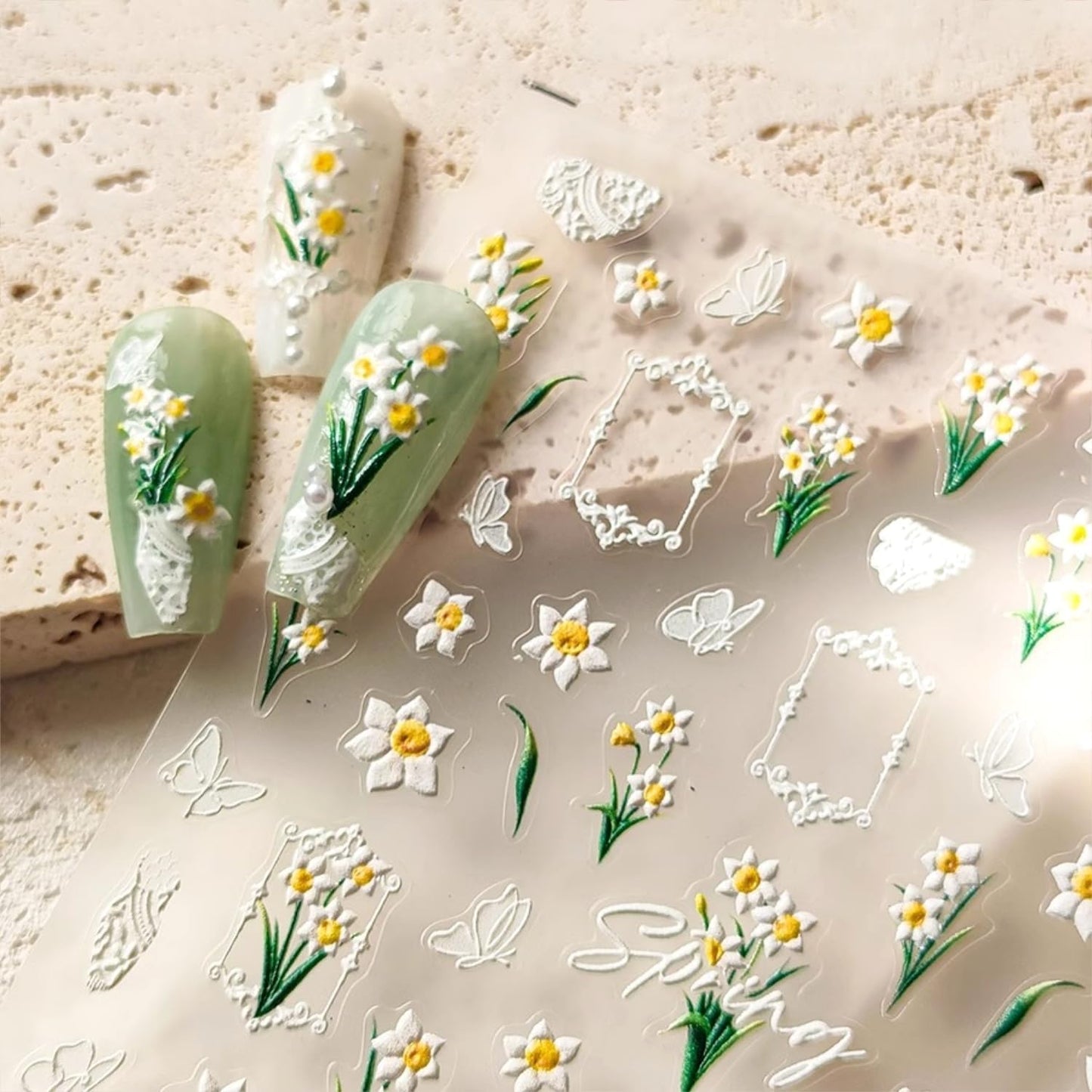 White Flower Nail Art Stickers Decals 5D Self Adhesive Spring Summer Nail Stickers for Nail Art Butterfly Floral Nail Decals for Women Girls