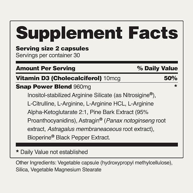 Snap L Arginine Capsules - Blood Circulation Supplements with Nitrosigine & L Citrulline for Natural Energy, Increase Blood Flow & Muscle Growth, Herbs for Cardio Health (60 Capsules)