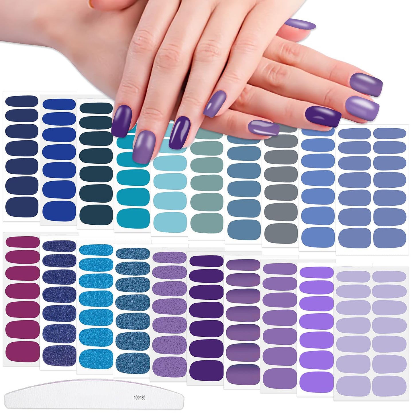 WOKOTO 20 Sheets Blue Gel Nail Wraps for Women - Blue Series Glitter Solid Nail Polish Stickers Stick On Nails Polish Strips Gel Nail Strips Self Adhesive Fingernail Stickers for Nails with File