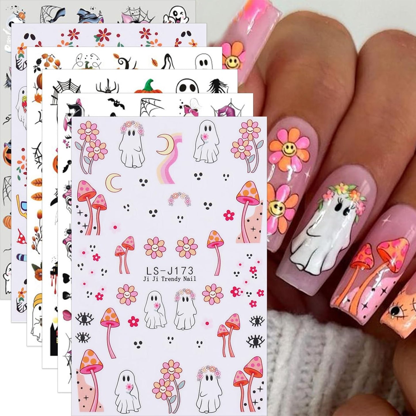 Spooky Nail Stickers Halloween Pumpkins Nail Decals 6PCS Self-Adhesive Flower Bat Spider Web Mushroom Skull Ghost Design Nail Art Supplies Festive DIY Manicure Decorations for Women Salon Manicure Kit