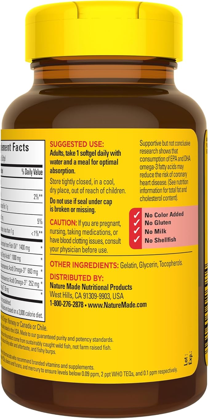 Nature Made Burp Less Ultra Omega 3 Fish Oil 1400 mg, Fish Oil Supplements, Omega 3 Supplement for Healthy Heart, Brain and Eyes Support, One Per Day, 45 Softgels