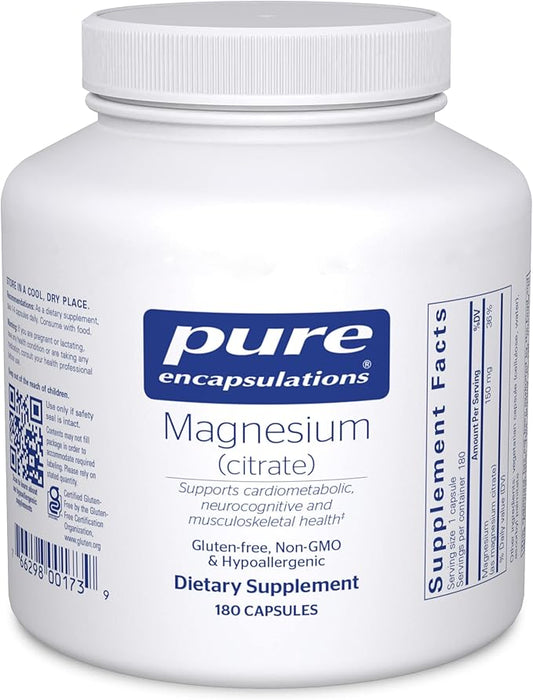 Pure Encapsulations Magnesium (Citrate) - Supplement for Sleep, Heart Health, Cognitive Health, Bone Health, Energy, Muscles, and Metabolism* - with Premium Magnesium - 180 Capsules