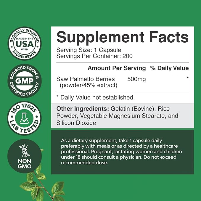 Extra Strength Saw Palmetto Extract - Advanced Herbal Complex for Hair Health and Urinary Support with Plant Sterols & Flavonoids - Potent Herbal Supplement with 500mg per Serving - 200 Capsules