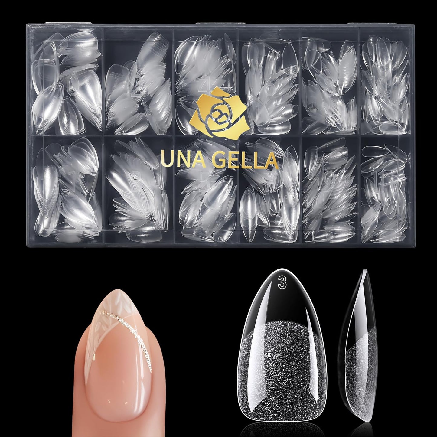 UNA GELLA Short Almond Gel Nail Tips, 600 Pcs Pre-Filed Short Nail Tips Almond Shape Half Matte Press On Nails 12 Sizes Full Cover Clear Fake Nails for Extension Home DIY Salon with Box