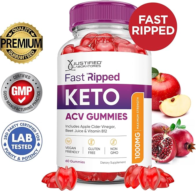 (2 Pack) Fast Ripped Keto ACV Gummies Advanced Formula 1000MG Fast Ripped Keto Gummies Apple Cider Vinegar Formulated with Pomegranate Beet Juice Powder B12 Vegan Non GMO 120 Gummys