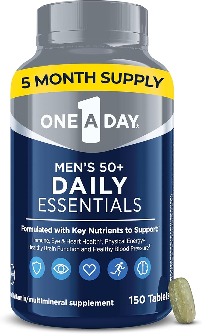 One A Day Men's Multivitamin 50+ Daily Essentials | Multivitamin for Men 50 Plus Supports Immune Health, Healthy Brain Function & Physical Energy | Vitamins for Men with Vitamin C & Zinc, 150 Count