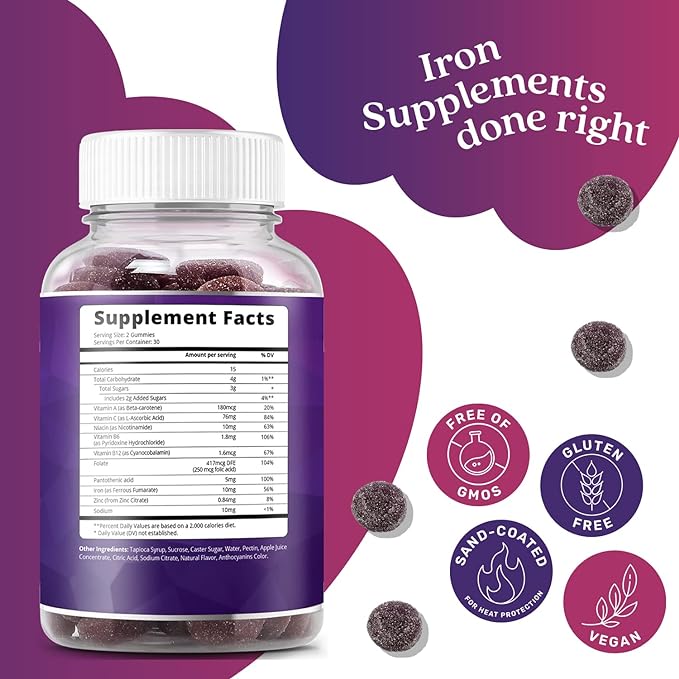 BeLive Iron Gummies - Multivitamin with Iron, Vitamins & Zinc for Blood Oxygen - Grape Flavor, Vegan Supplement for Women, Men & Kids