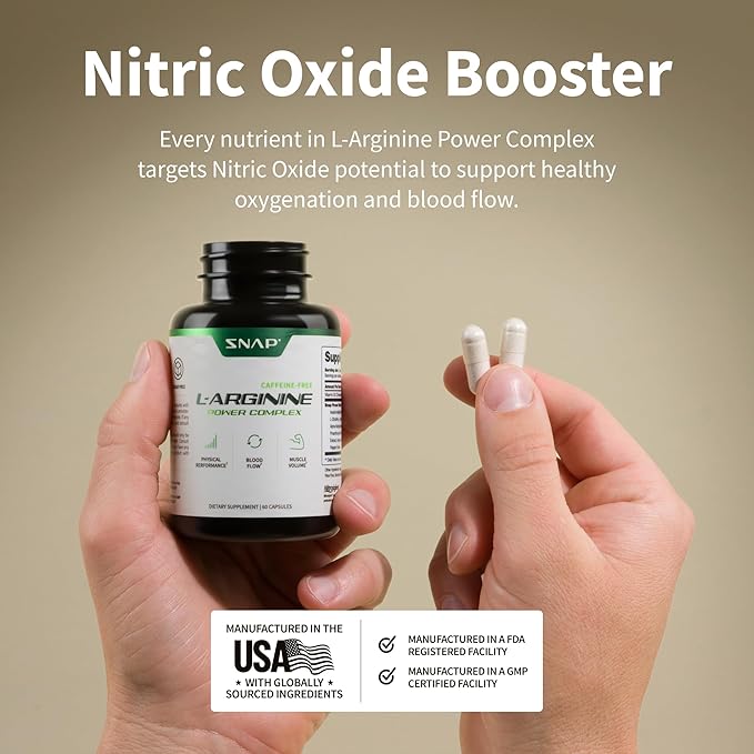 Snap L Arginine Capsules - Blood Circulation Supplements with Nitrosigine & L Citrulline for Natural Energy, Increase Blood Flow & Muscle Growth, Herbs for Cardio Health (60 Capsules)