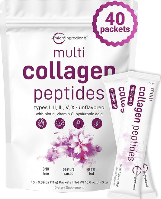 Multi Collagen Peptides, 40 Packets | Hydrolyzed Protein Peptides Powder | Type I,II,III,V,X with Hyaluronic Acid, Biotin, & Vitamin C | Unflavored, Keto, & Paleo Friendly | Ez Mix in Drinks
