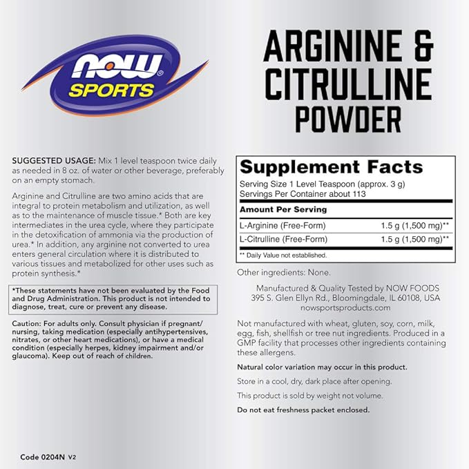 NOW Foods Sports Nutrition, Arginine & Citrulline Powder, 1:1 Ratio, Amino Acid, 12-Ounce