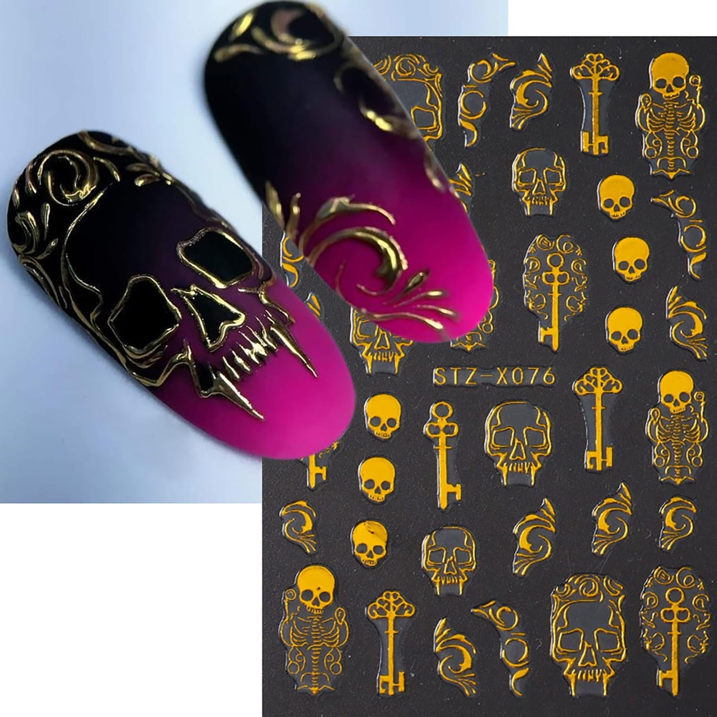 Spooky Halloween Art Nail Stickers Decals Gold Skull Nail Decals 6PCS 3D Self-Adhesive Glitter Spider Web Heart Skeleton Butterfly Design Supply Gothic Festive Stickers for Women DIY Nail Decorations
